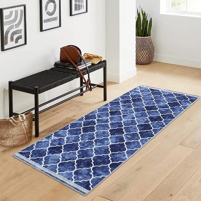 Acekool Washable Runner Rug 2x6: Non-Slip Boho Geometric Rug for Kitchen, Hallway & Entry – Navy Blue, Foldable Design