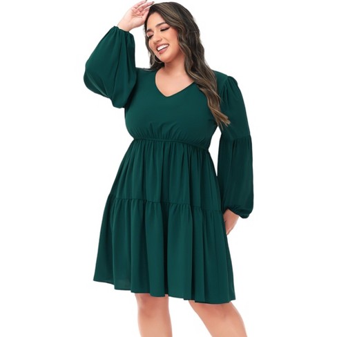 Anna-Kaci Women's Plus Size Tunic V Neck Long Sleeve Smocked Casual Loose Shift Dresses - image 1 of 4