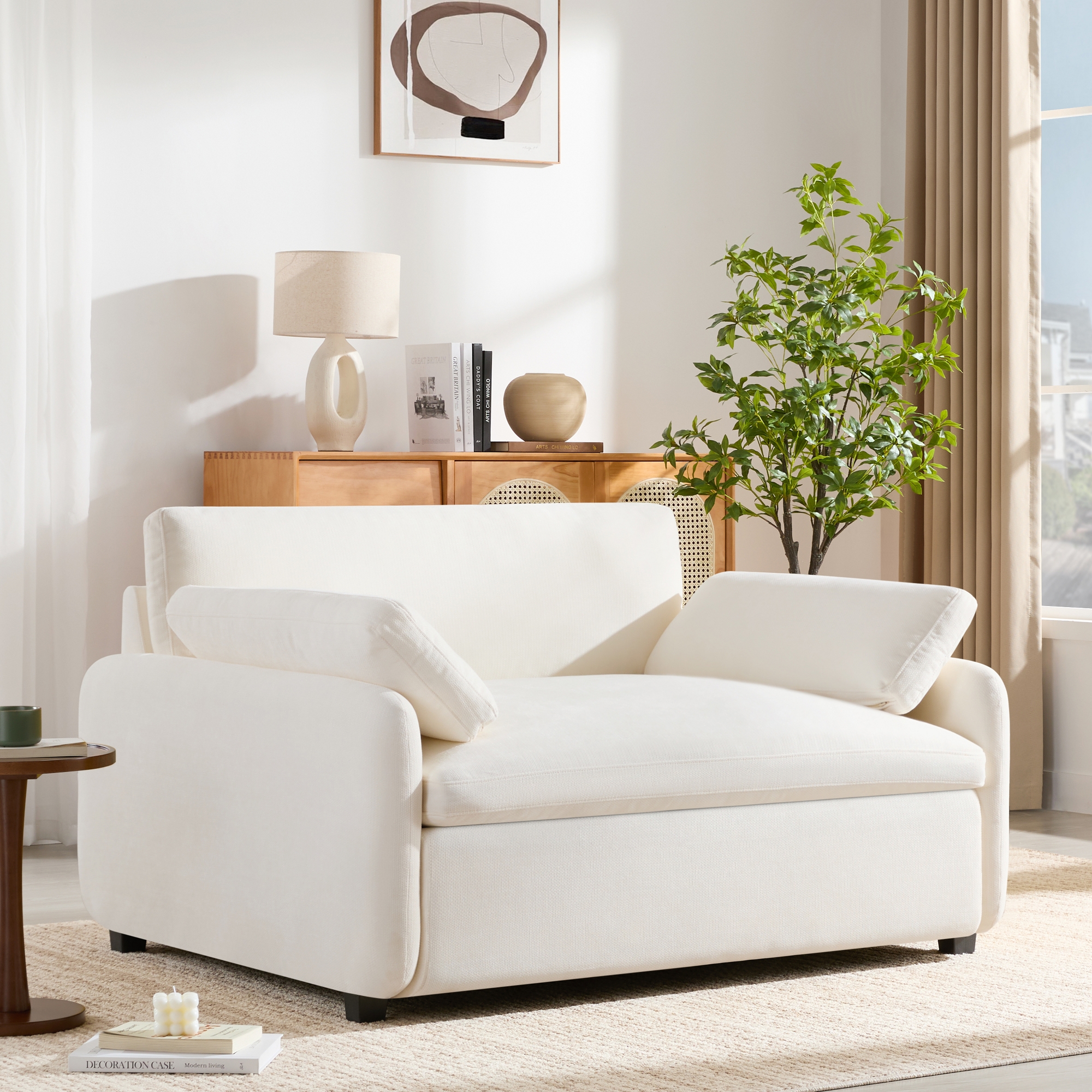Modern Oversized Chenille Accent Chair with Pillows, Comfy Armchair Single Sofa, Cream - ModernLuxe