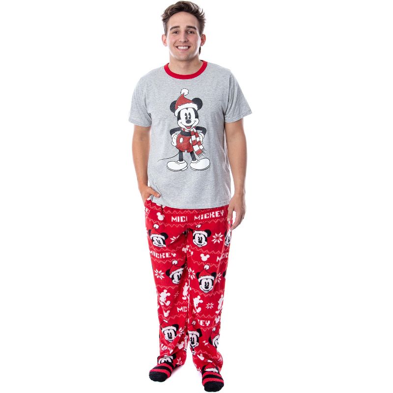 Disney Mickey Mouse Men's Santa Mickey Pajama Sleep Set Shirt Pants and Socks, 1 of 6