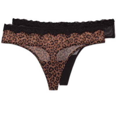 Smart & Sexy Womens Lace Trim Thong Panty 4-Pack Black/Leopard/Black/Bark M
