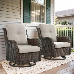 Belord Brown Wicker Swivel Rocking Chairs, 2 Piece Oversized Rocker Patio Chairs Set Rattan Glider Chairs for Outdoor Porch Deck Backyard - 1 of 4