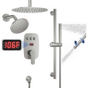 CASAINC 12 inch Ceiling Mounted Round Shower System with Handheld Spray Grab Bar & Shower Head, Brushed Nickel - 1 of 4