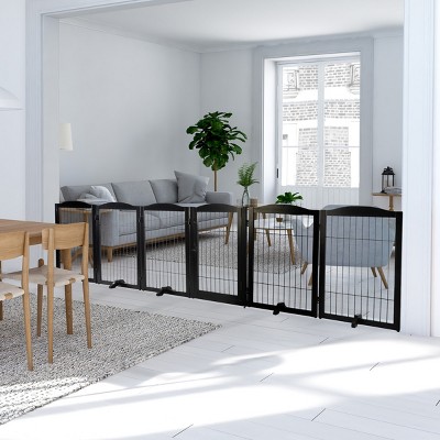 Black Solid Wood and Metal Freestanding Pet Gate