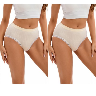 INSPIRE CHIC 2 Pcs Women's Lace Trim Panties Full Coverage Mid-Waisted Butt Lifter No Trace Briefs