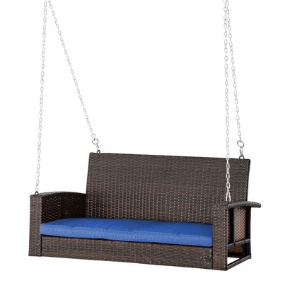 Blue Cushioned Wicker Hanging Porch Swing Bench