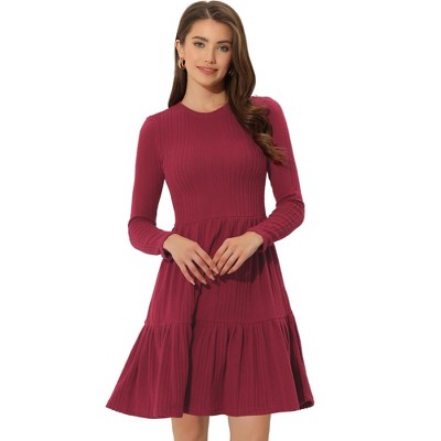 Allegra K Women's Velvet Dress Mock Neck Button Front Ruffle Vintage Flared  Dresses Burgundy Small