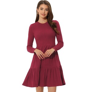 Allegra K Women's Knitted Crewneck Long Sleeves Fit and Flare Sweater Dress - 1 of 4