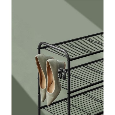 Ink Black 3-Tier Metal Shoe Rack with Side Hooks