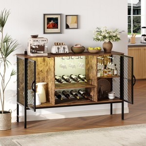 47" Industrial Coffee & Wine Bar Cabinet with Lights - 2-Door Wood Liquor Storage with Glass Holders for Living Room & Kitchen - 1 of 4