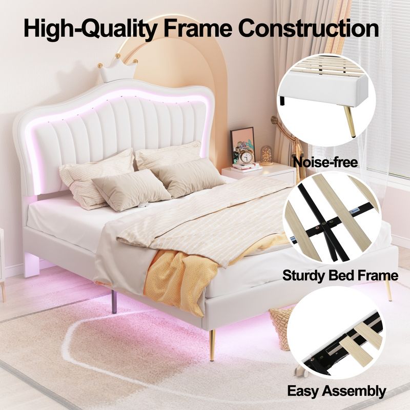 Queen/Full Size Upholstered Platform Bed Frame with LED Lights, Princess Bed with Crown Headboard-ModernLuxe, 4 of 14