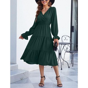 Coolmee Women's Bohemian Dress Casual Long Sleeve V Neck Dress Floral Flowy Maxi Dresses Tiered Cocktail Dress - 1 of 4
