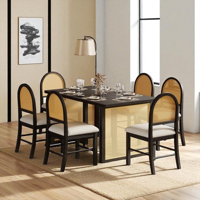7-Piece Farmhouse Dining Table Set with 59.8" Distressed Oak Veneer Table and 6 Upholstered Rattan Back Chairs, Rustic Kitchen Furniture