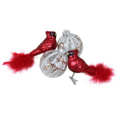 NORTHLIGHT 4ct Glass Glitter Cardinal and Ball Christmas Ornament Set 6.25" - White/Red