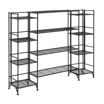 Breighton Home Xtra Storage 4 Tier Folding Metal Shelves with Set of 4 Deluxe Extension Shelves in Black