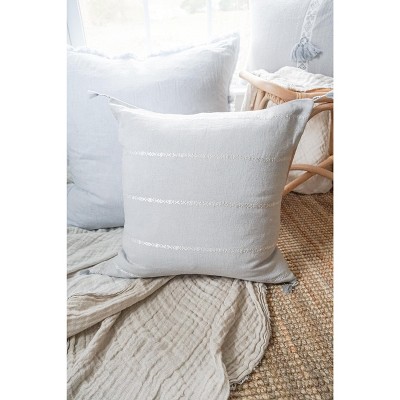 Light Gray and White Embroidered Linen Throw Pillow with Tassels