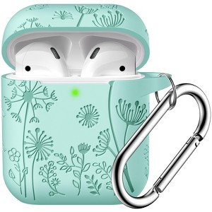 BONGEEK for AirPod Case 2nd 1st Generation Case Cover, Flower Engraved Full Protective Case Soft Silicone Pattern LED Visible,Mint Green - 1 of 4