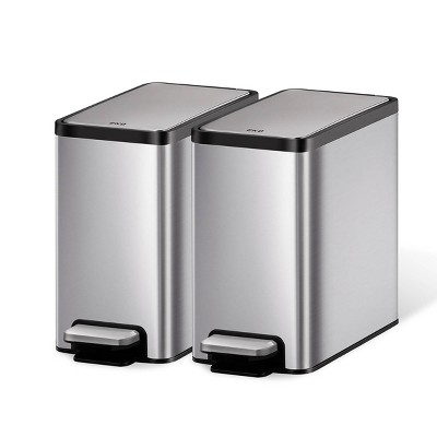 EKO 6L Ecocasa 2pk Vertical Step Trash Can Set: Stainless Steel, Kitchen Step-On with Lid, Indoor, Silver, 6 Liter Capacity