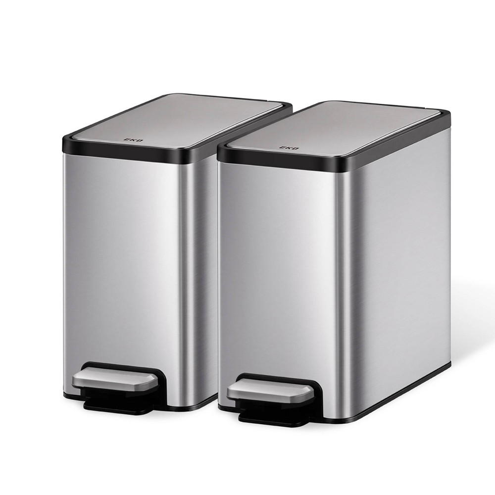 EKO 6L Ecocasa 2pk Vertical Step Trash Can Set: Stainless Steel, Kitchen Step-On with Lid, Indoor, Silver, 6 Liter Capacity