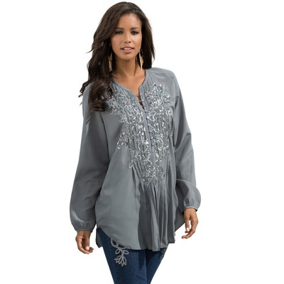 Roaman's Women's Plus Size Sequin Floral Tunic - 16 W, Silver : Target