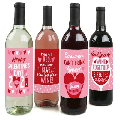 Big Dot of Happiness Quarantine Valentine - 2021 Galentine's Day Party Decorations for Women and Men - Wine Bottle Label Stickers - Set of 4