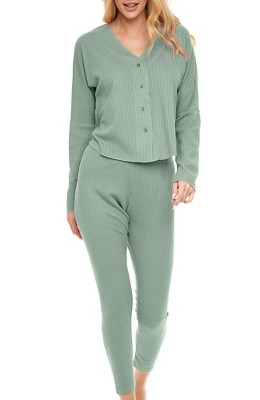 ADR Women's Pajamas Set, Soft Ribbed Knit Waffle Pajamas Lounge Set, Long Sleeve Drop Shoulder V-neck Top and Leggings PJ Pants