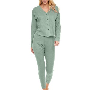 ADR Women's Pajamas Set, Soft Ribbed Knit Waffle Pajamas Lounge Set, Long Sleeve Drop Shoulder V-neck Top and Leggings PJ Pants - 1 of 4