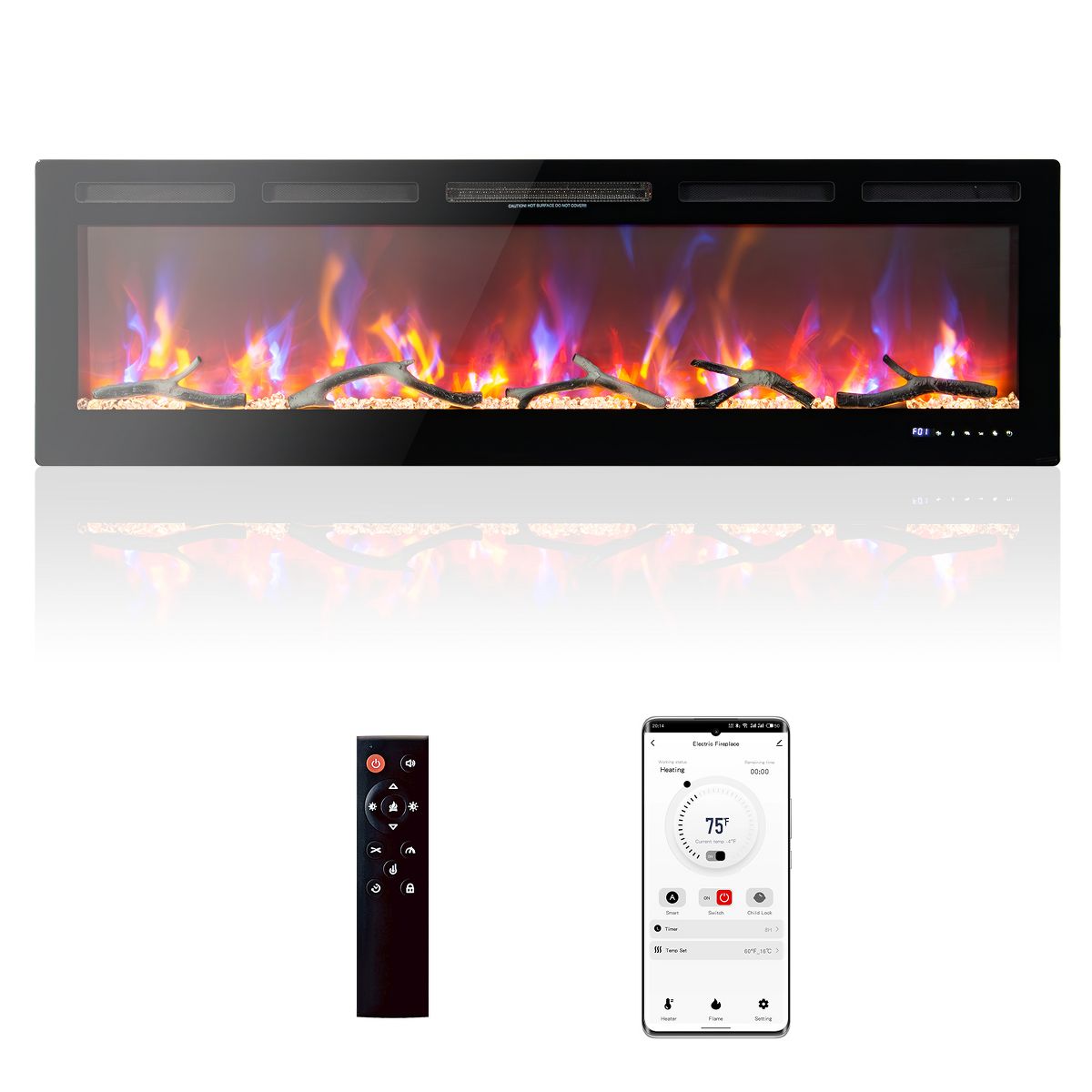 72" Smart Ultra‑Thin Electric Fireplace Insert, WiFi Alexa, 750W/1500W, Multicolor Flames, Thermostat Timer, Wall‑Recessed w/ Remote, Log & Crystal