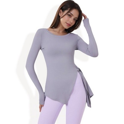 Anna-Kaci Active Women's Long Sleeve Asymmetrical Hem Crew Neck Top with Stylish Side Slit