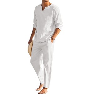 COOFANDY Men's 2 Pieces Cotton Linen Set Henley Shirt Long Sleeve and Casual Beach Pants Summer Yoga Outfits - 1 of 4