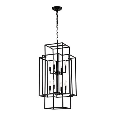 DOMETOUR Matte Black 8-Light Metal Lantern Pendant Chandelier, Adjustable Height for Dining Room/Foyer (E12 Bulbs Not Included)