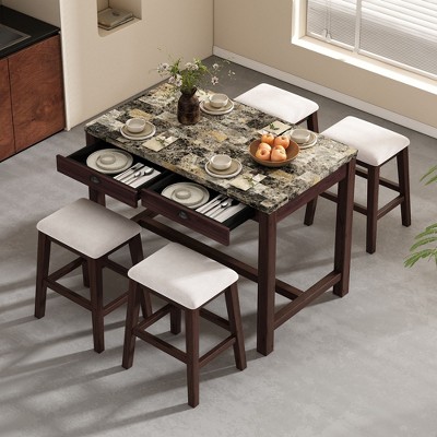 CAVINAS Dining Table Set Modern Faux Marble Versatile Bar Table Set with Storage Drawers and Padded Stools for Dining Room
