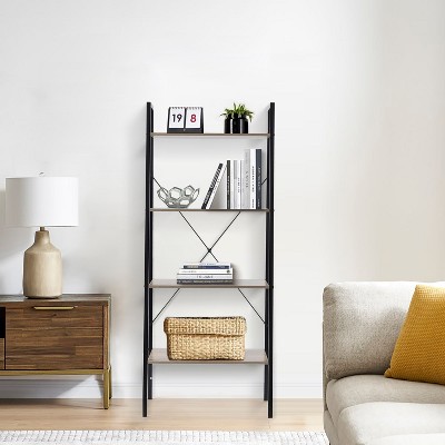 Black Metal and Wood 4-Shelf Ladder Bookcase