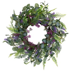 Northlight Lavender and Mixed Foliage Artificial Floral Spring Wreath, Purple and Green - 22-Inch - 1 of 4