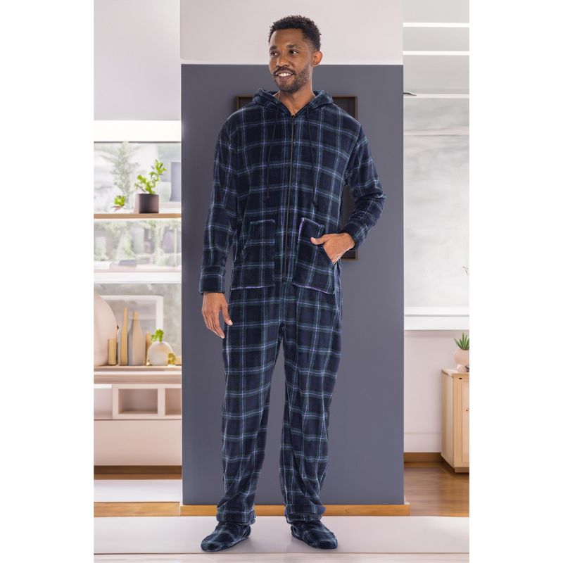 Men's Plush Fleece One Piece Hooded Footed Zipper Pajamas Set, Soft Adult Onesie Footie with Hood, 3 of 10