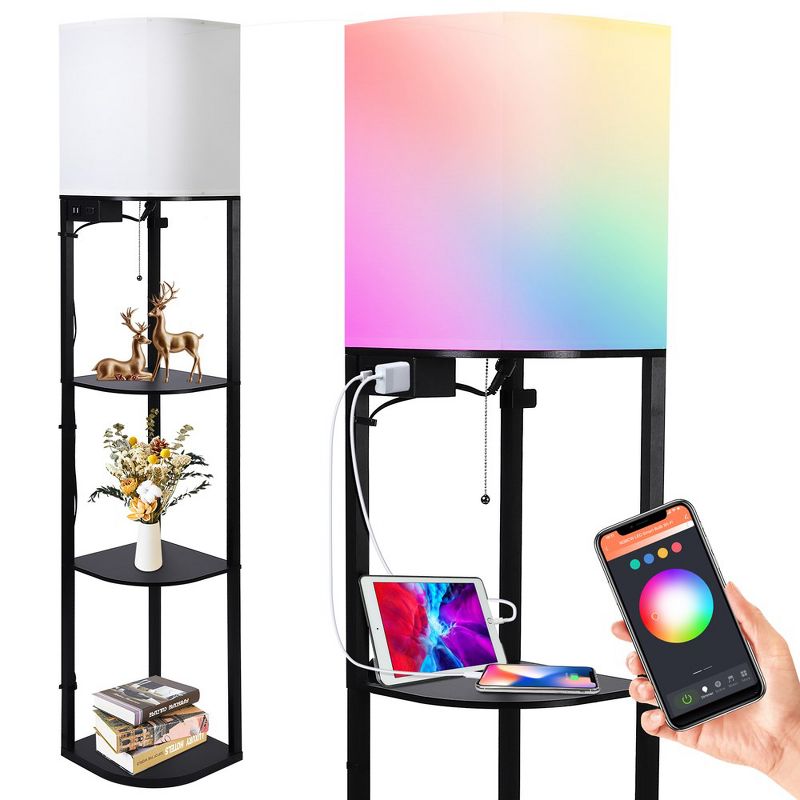 Whizmax Smart RGB Shelf Floor Lamp with 2 USB Ports&1 Power Outlet, Modern Display, RGB Bulb,Standing Lamp for Living Room, Bedroom and Office, Black, 1 of 7