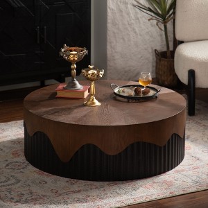 Sapphtopaz Round Coffee Table with Handcrafted Relief Two-Tones Retro Coffee Bar with Wooden Assembled Design Center Table for Living Room,Walnut - 1 of 4