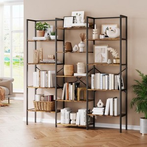 Coolmee Triple Column 5 Tier Industrial Bookshelf, Bookcase with 14 Display Shelves, Modern Wide Large Book Shelf Book Case for Living Room, Home - 1 of 4