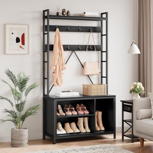 Hall Tree with Bench, Coat and Shoe Rack, Wooden Entryway Bench with Coat Rack, Industrial Freestanding Coat Rack with Shoe Storage for Hallway,Black - 1 of 4