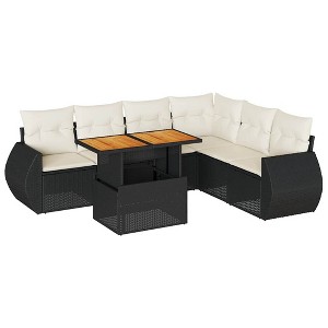 vidaXL Patio Sofa Set with Cushions Lounge Set Outdoor 7 Piece Poly Rattan - Black and Cream 3x Corner + Table + 3x Middle - 1 of 4