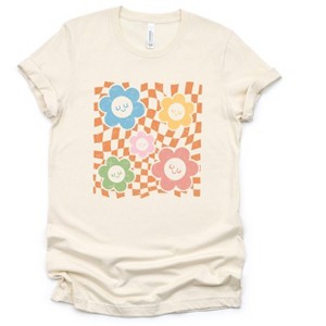 Simply Sage Market Women's Checkered Flowers And Smiley Short Sleeve Graphic Tee - 1 of 2