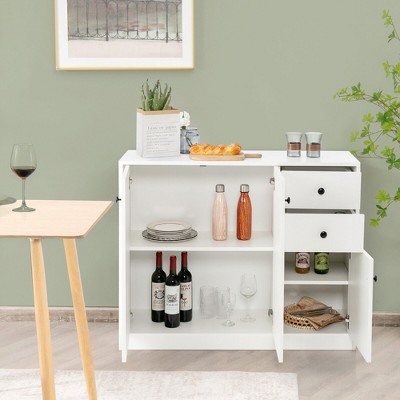 White Engineered Wood Buffet Cabinet with Adjustable Shelves and Drawers