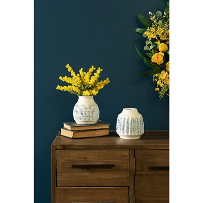 Soft Blue & White Glazed Ceramic Vase Set 6" Trio