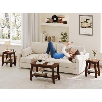 Modern Farmhouse Coffee Table with Storage, 2-Tier Rectangular Center Table for Living Room or Office, Industrial Style Cocktail Table
