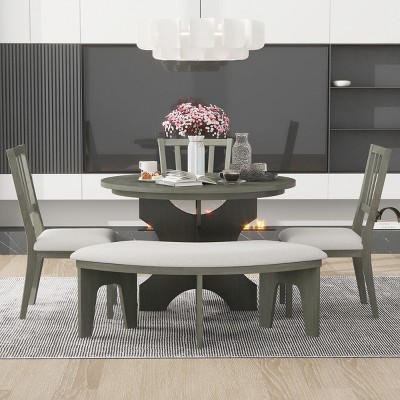 Dining Sets 5 Piece, Dining Set Solid Wood, Dining Table Set For 5 With With 3 Upholstered Chairs And Curved Bench For Kitchen-Cuddlewood