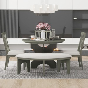 Dining Sets 5 Piece, Dining Set Solid Wood, Dining Table Set For 5 With With 3 Upholstered Chairs And Curved Bench For Kitchen-Cuddlewood - 1 of 4