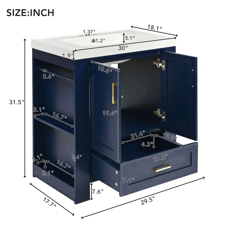 30" Bathroom Vanity with Single Sink, Drawer and Double Sided Storage Shelf, Navy Blue - ModernLuxe, 3 of 13