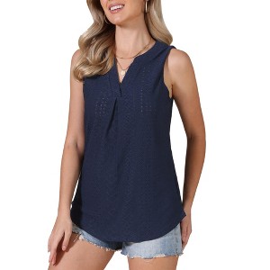 INSPIRE CHIC Women's Summer Eyelet Embroidery Sleeveless V Neck Loose Fit Casual Work Blouses - 1 of 4