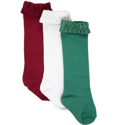 Image of RuffleButts Baby Girls 3-Pack Knee High Socks - Dark Cherry/White/Fir Green, 0-6m