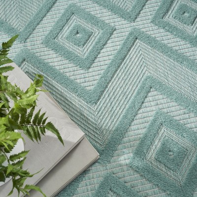 Aqua Teal Diamond 5' x 7' Easy-Care Synthetic Outdoor Rug